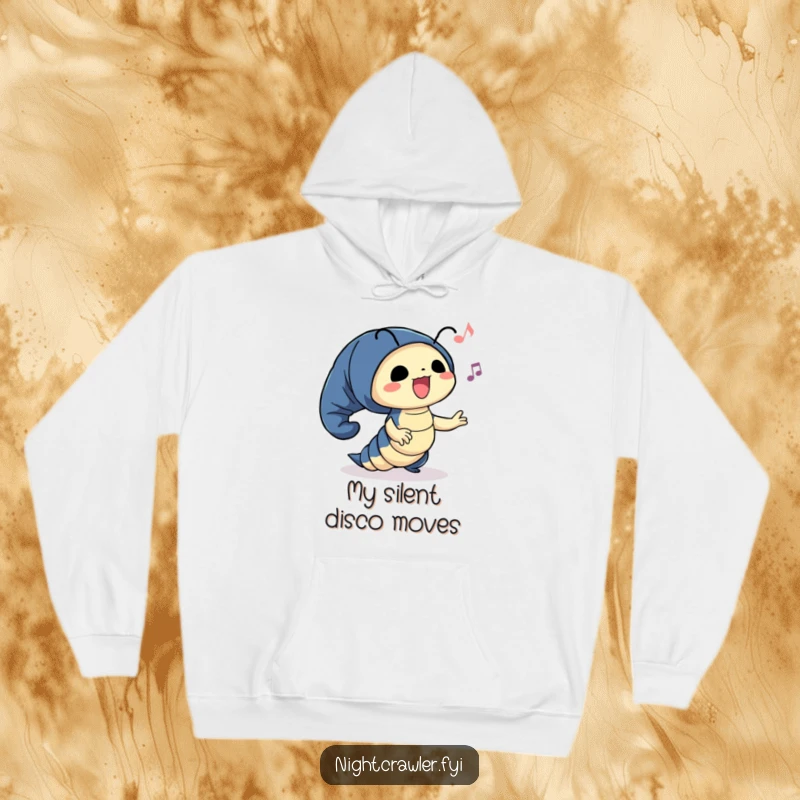 Funny hoodie with a cute night crawler character dancing joyfully to imaginary music, radiating happiness and good vibes.