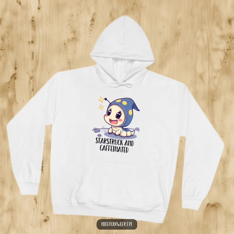 Funny hoodie with a night crawler character showing exaggerated surprise at a shooting star, capturing a moment of cosmic wonder.