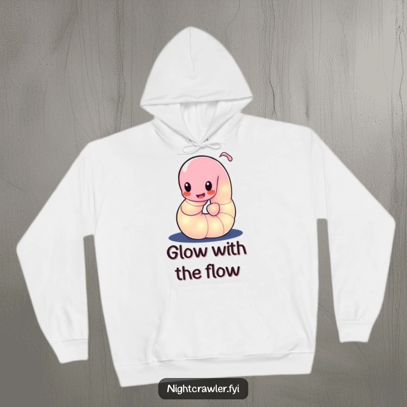 Funny hoodie with a glowing worm character playfully wiggling its body in the dark, perfect for cozy illumination.