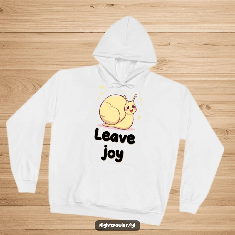 Funny kawaii snail hoodie showing a cute snail character leaving a shimmering trail of giggles, perfect for cozy cheer.