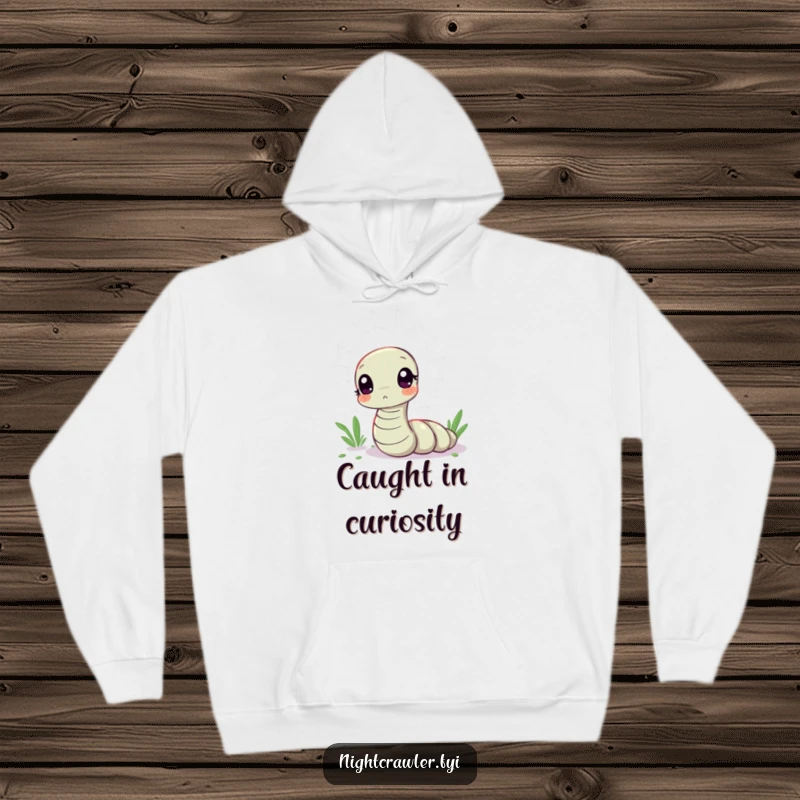 Funny hoodie showcasing a kawaii worm character looking curious at a shimmering spider web, offering warmth and whimsical intrigue.