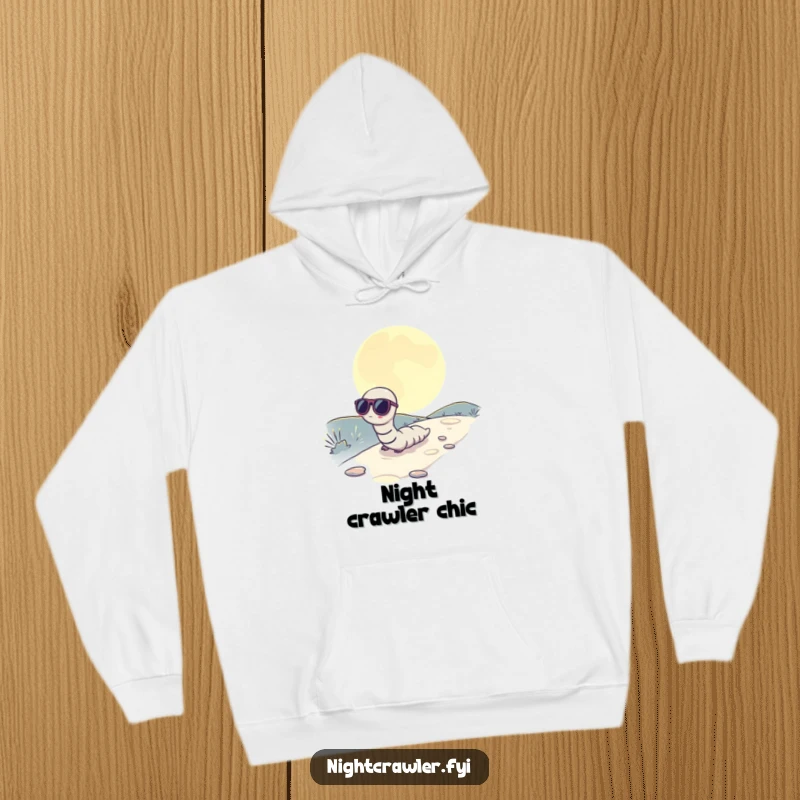 Funny hoodie with a worm wearing sunglasses, slowly inching across a moonlit path, perfect for cozy nights.