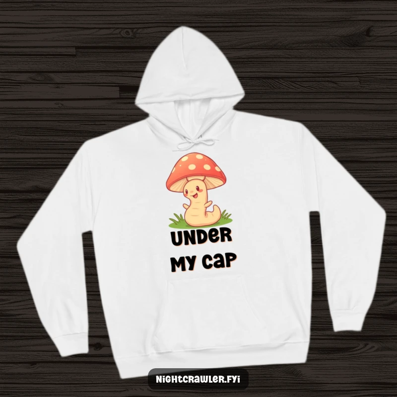 Funny Hoodie: Cozy character, an earthworm, wiggling happily under a glowing mushroom, designed for warmth and playful spirit.