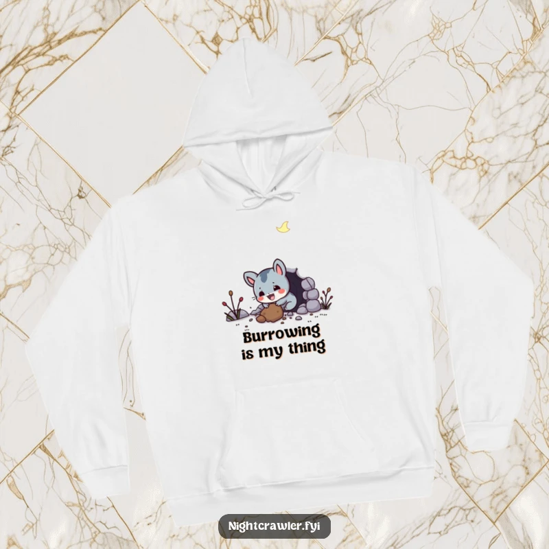 Funny hoodie showcasing an ecstatic night creature digging a tunnel with pure joy, perfect for adding humor and warmth to any outfit.