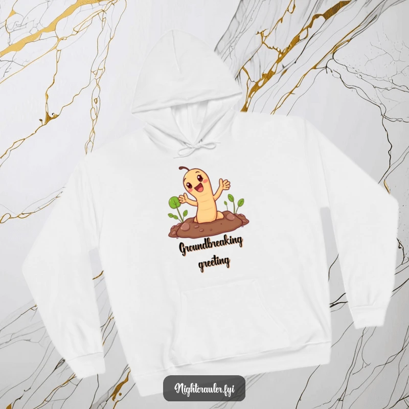 Funny hoodie: cute earthworm popping out of the ground and waving. Cozy and humorous garden theme.