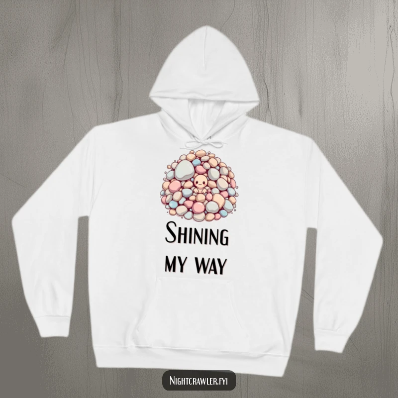 Funny hoodie: small worm peeking from giant sparkling pebbles. Cozy and humorous.