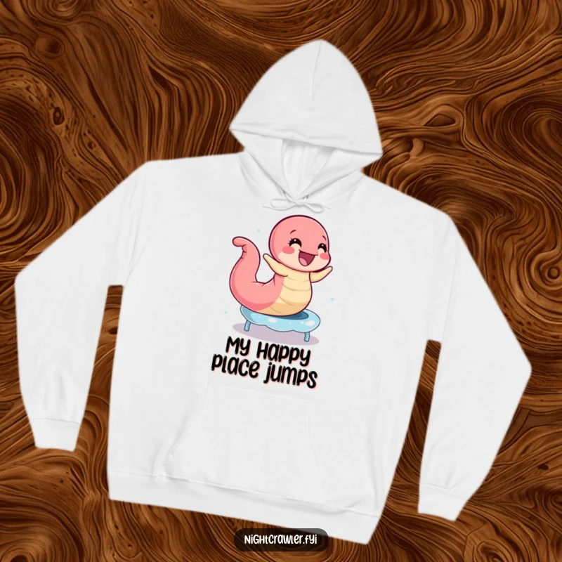 Funny Earthworm Trampoline Hoodie: Happy worm energetically bouncing on a dewdrops trampoline, a comfortable and funny gift.