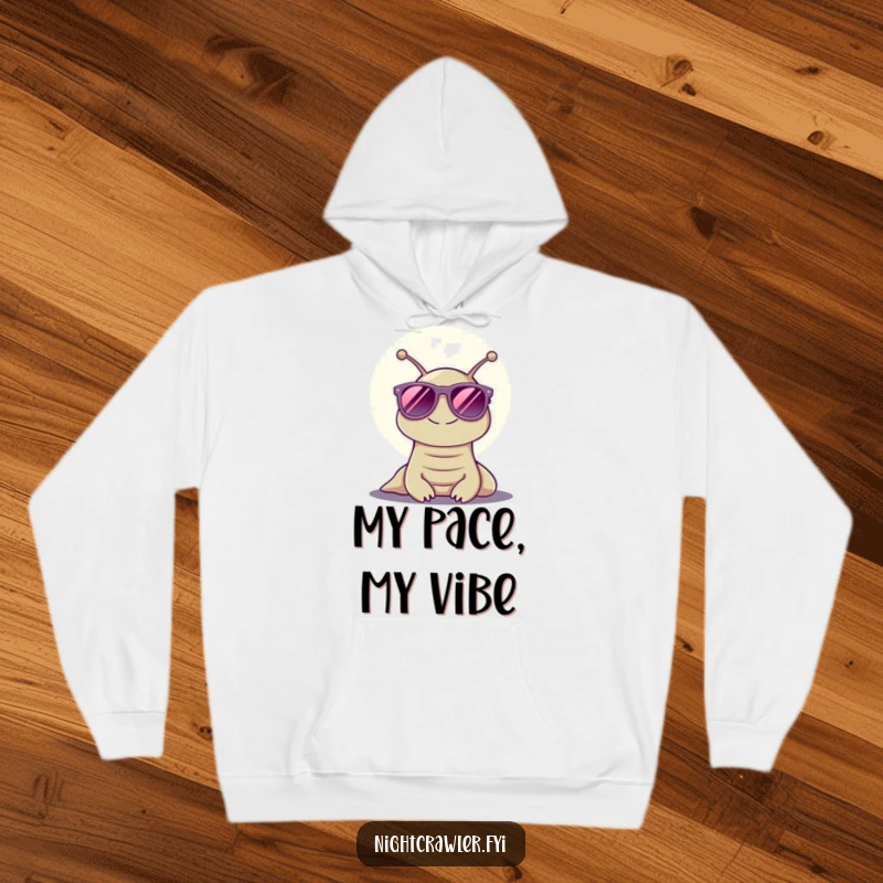 Funny hoodie depicting a cheerful slug in oversized sunglasses under the night sky, a super funny gift for comfort lovers.