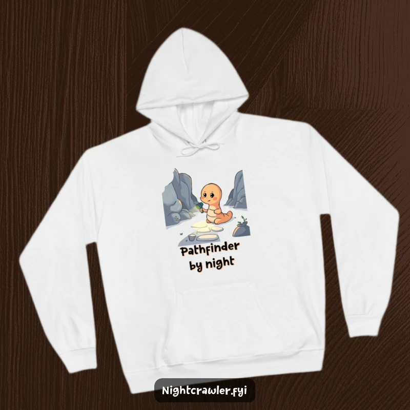 Funny hoodie featuring an earthworm holding a flashlight to light a dark path, designed for warmth and inspiring bravery.