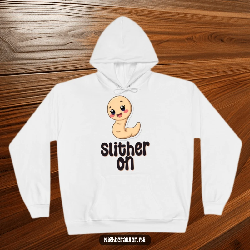 Funny earthworm hoodie displaying a cute, fast earthworm character with an incredibly wide and happy smile, perfect for cozy fun.