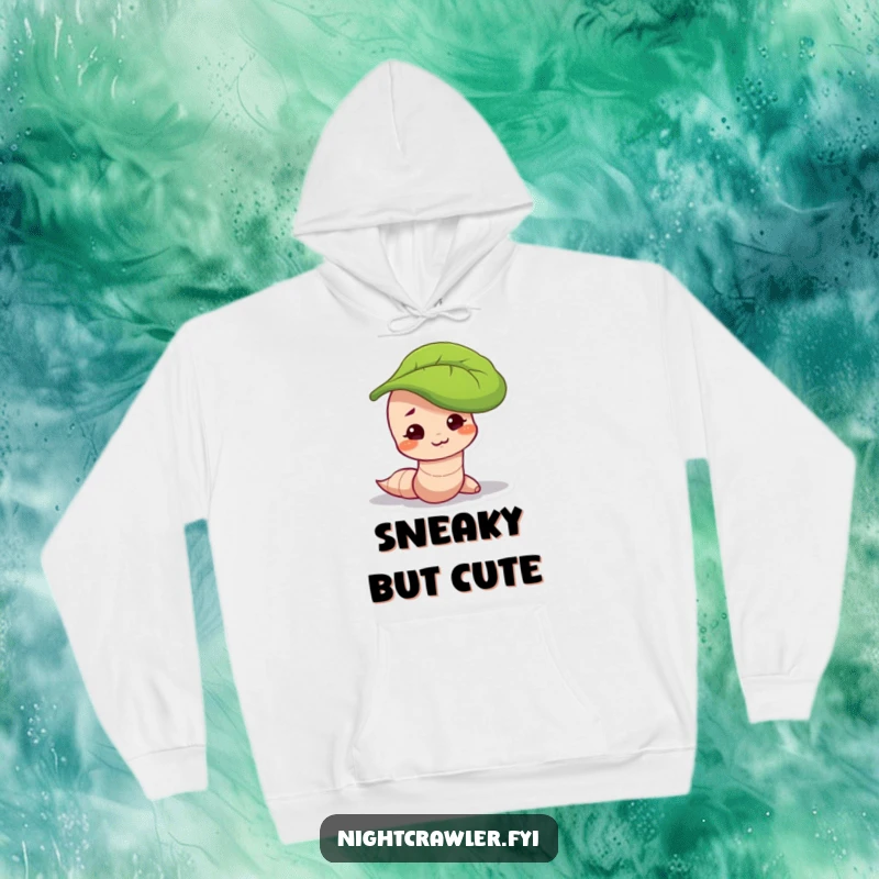 Funny hoodie with a worm character with a mischievous smirk, peeking out from under a leaf, ideal for cozy secrets.