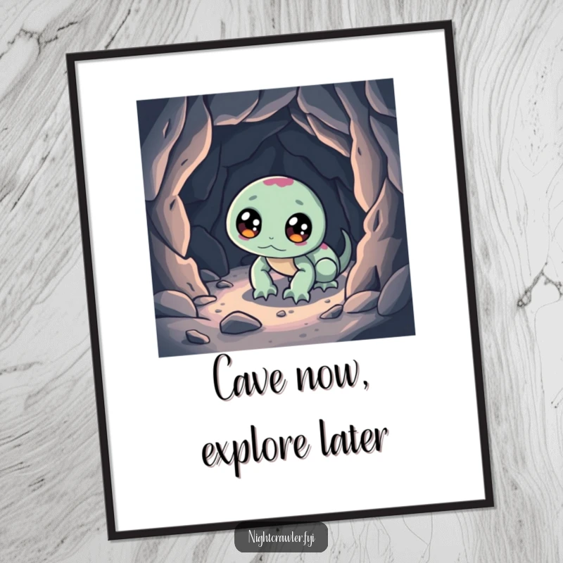 Funny Free Printable Wall Art: A curious night crawler with big bright eyes venturing into a tiny, dark cave, full of wonder.