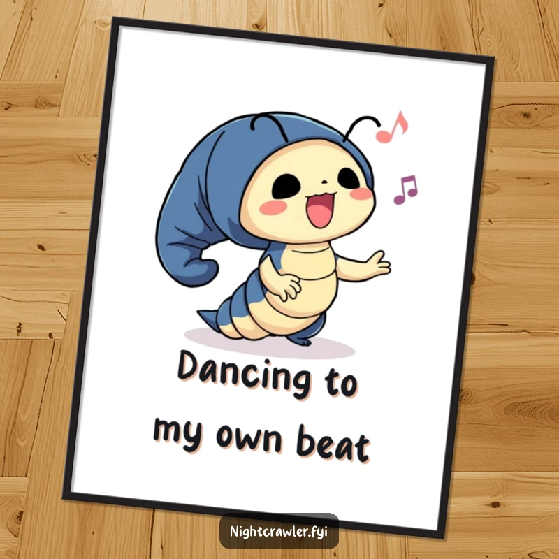 Funny Free Printable Wall Art: A cute night crawler character happily sways to unseen music, radiating pure joy.