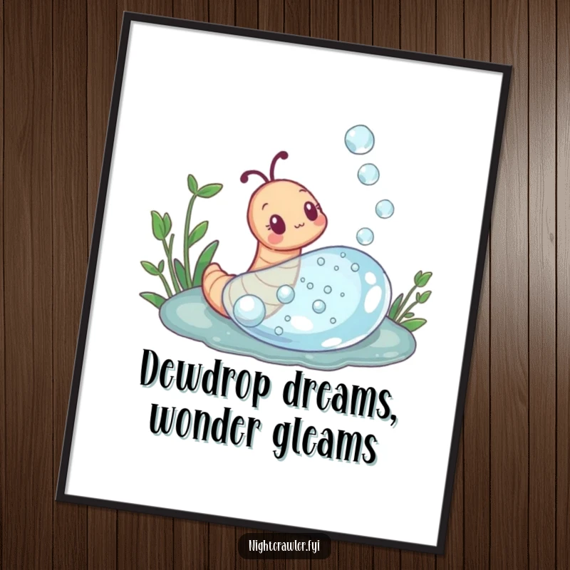 Funny Free Printable Wall Art: A small earthworm curiously exploring a giant, shimmering dewdrop with immense wonder.