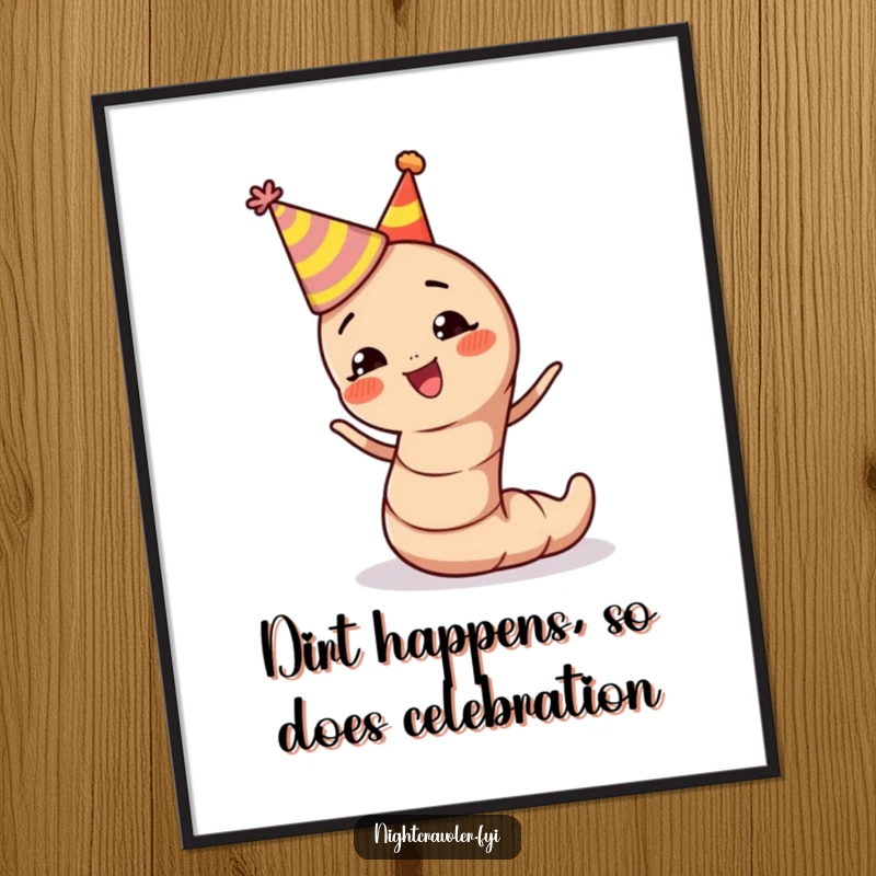 Funny Free Printable Wall Art of a cute earthworm wearing a tiny party hat, wiggling with pure, unadulterated joy and party spirit.