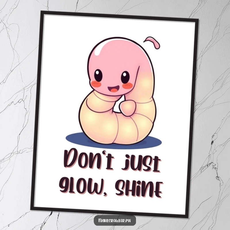 Funny Free Printable Wall Art: Playful glowing worm character wiggling its body with energy and light in the dark.
