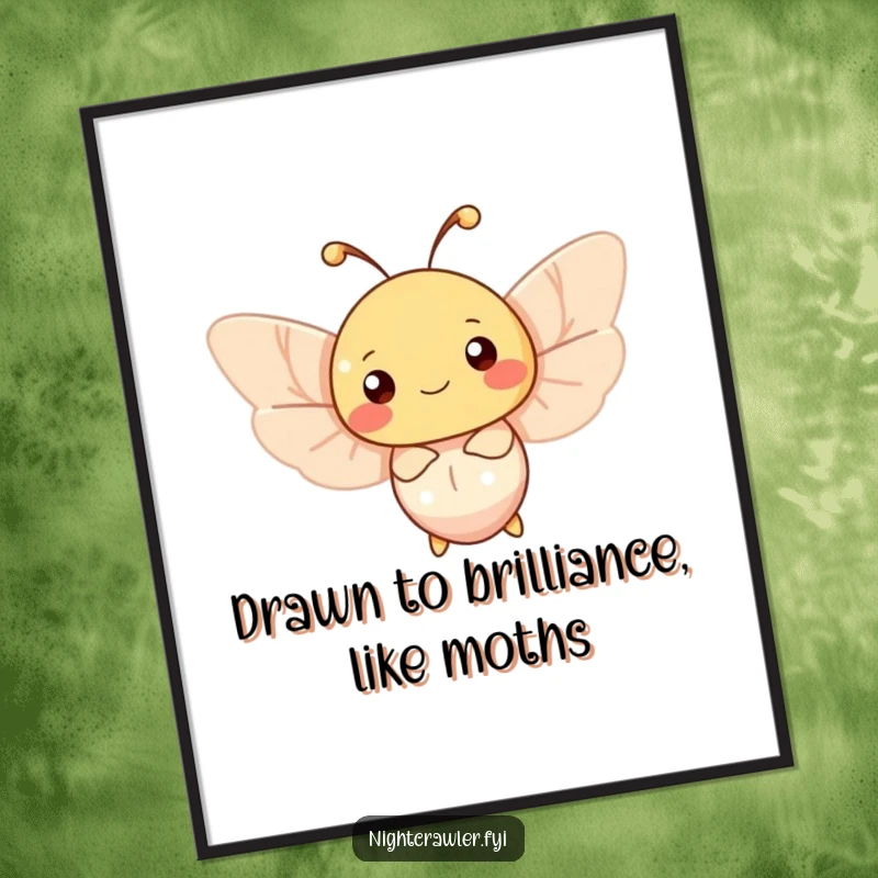 Funny Free Printable Moth Wall Art: Happy moth fluttering around a soft, gentle light source, creating a cozy scene.