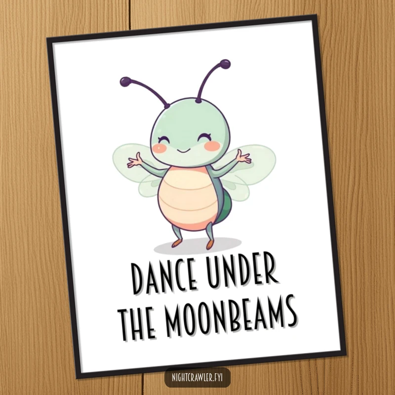 Funny Free Printable Wall Art depicting a cute insect with a happy twitch, performing a joyful dance in a luminous beam of moonlight.