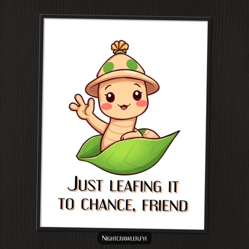 Funny Free Printable Wall Art featuring a cute earthworm character wearing a tiny hat, waving hello from a leaf, creating a welcoming and cheerful atmosphere, downloadable art.
