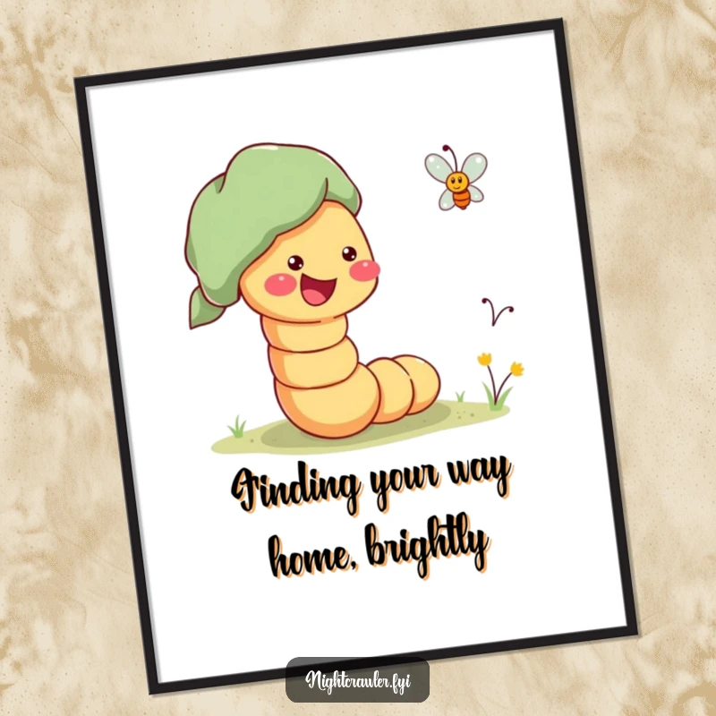 Funny Free Printable Wall Art of a cheerful worm leading a firefly home, symbolizing helpfulness and light, perfect for inspiring decor.