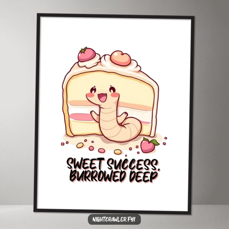 Funny Free Printable Wall Art: A cute earthworm joyfully digging through a giant cake, bringing whimsical charm and humor.