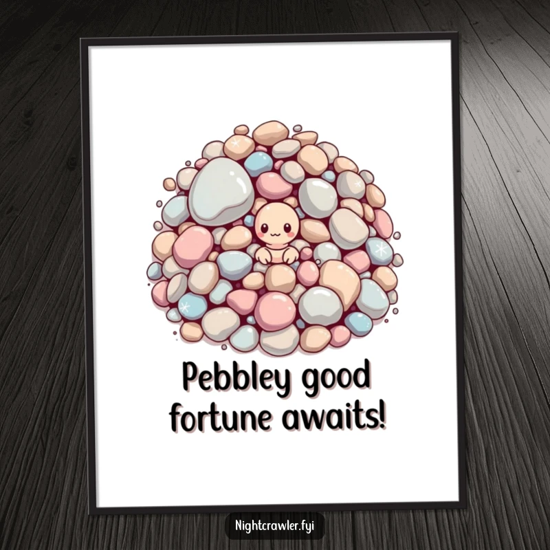 Funny Free Printable Wall Art: A small worm emerges from a pile of oversized, brightly sparkling pebbles, whimsical downloadable decor.