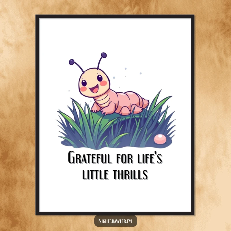 Funny Free Printable Wall Art: A happy night crawler character sliding with delight down a glistening dewy blade of grass.