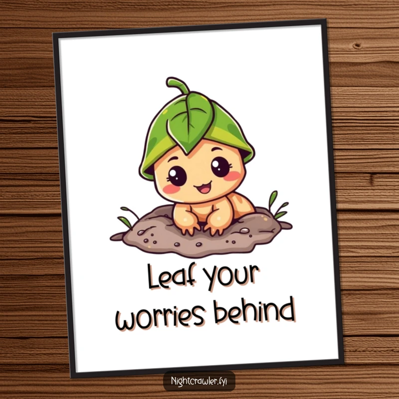 Funny Free Printable Wall Art: Cheerful night crawler in a leaf cap peeks from its burrow, offering a funny, friendly greeting.