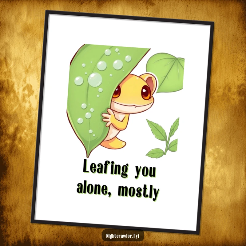 Funny Free Printable Wall Art: Shy gecko peeking from a dew-covered leaf, cute nature-themed downloadable art.