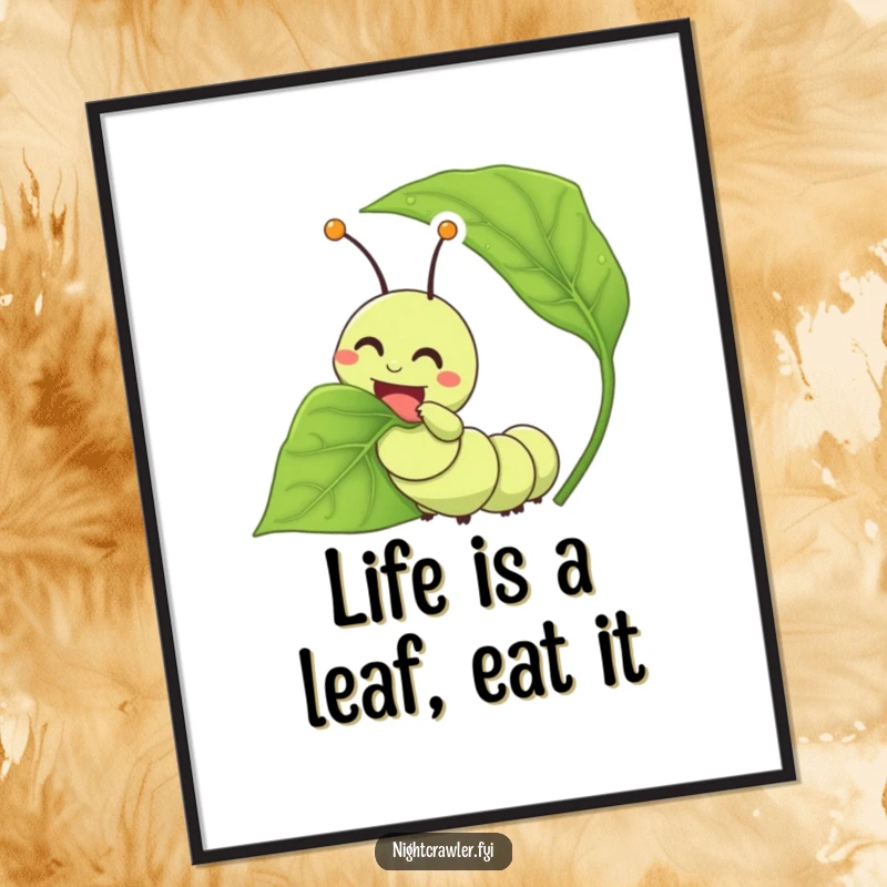 Funny Free Printable Wall Art of a happy caterpillar character joyfully munching on an oversized green leaf, embodying contentment and simple joys.