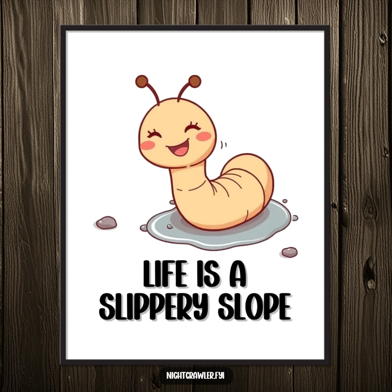 Funny Free Printable Wall Art: A happy worm slides down a damp pebble, showcasing pure joy and downloadable fun.