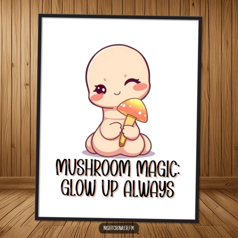 Funny Free Printable Wall Art depicting a cute worm character winking while holding a tiny, illuminated mushroom.