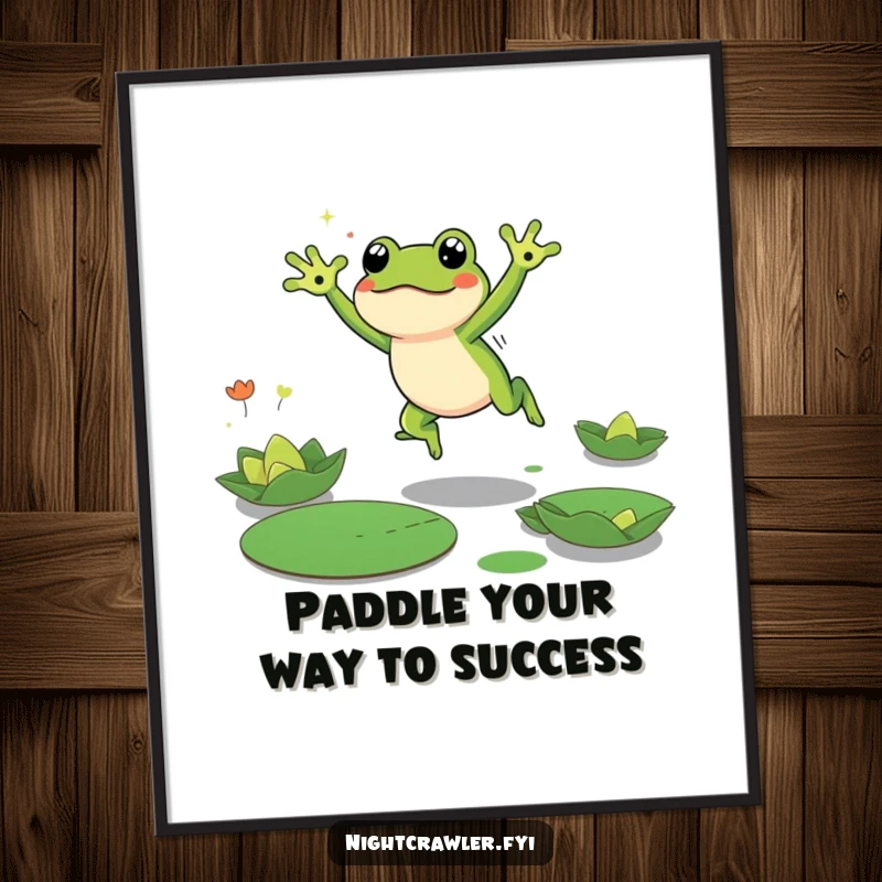 Funny Free Printable Wall Art: Cute frog energetically leaping between lily pads under the night sky, whimsical.