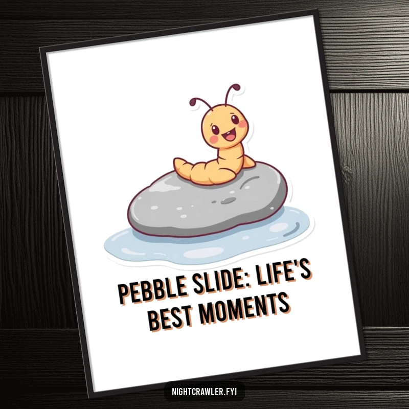 Funny Free Printable Wall Art showing a tiny worm character joyfully sliding down a smooth, wet pebble.