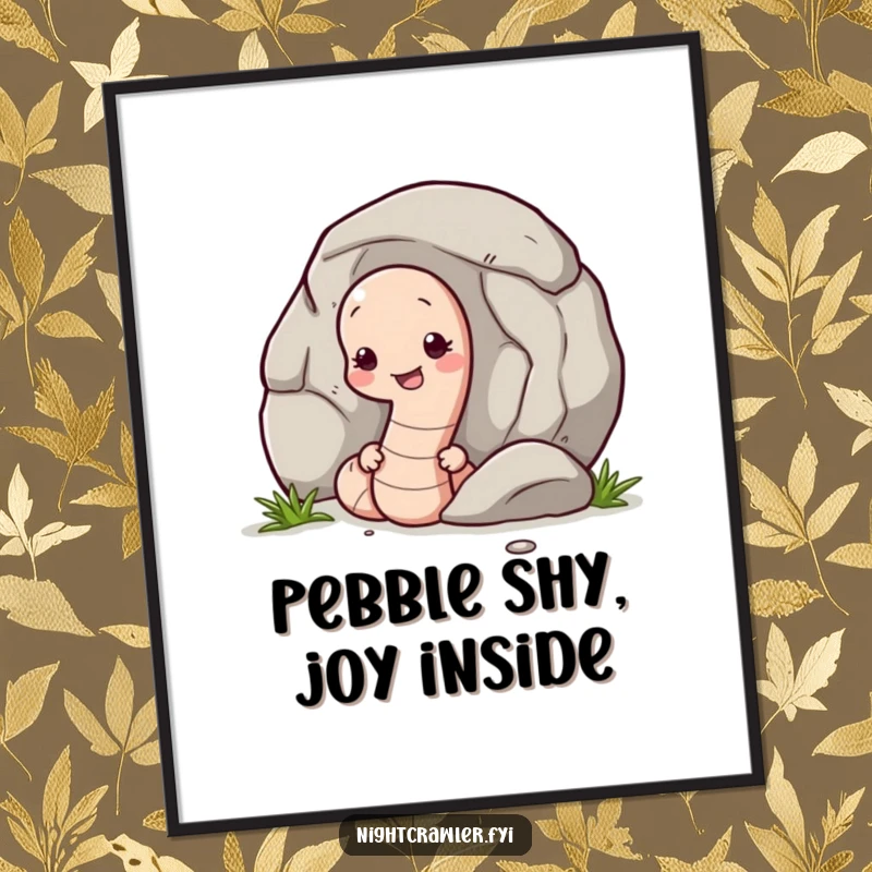 Funny Free Printable Wall Art: Earthworm shyly peeking out from behind a large, smooth pebble, with a gentle expression.