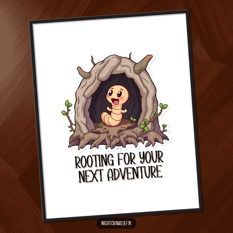 Funny Free Printable Wall Art depicting a small worm character excitedly exploring a miniature cave.