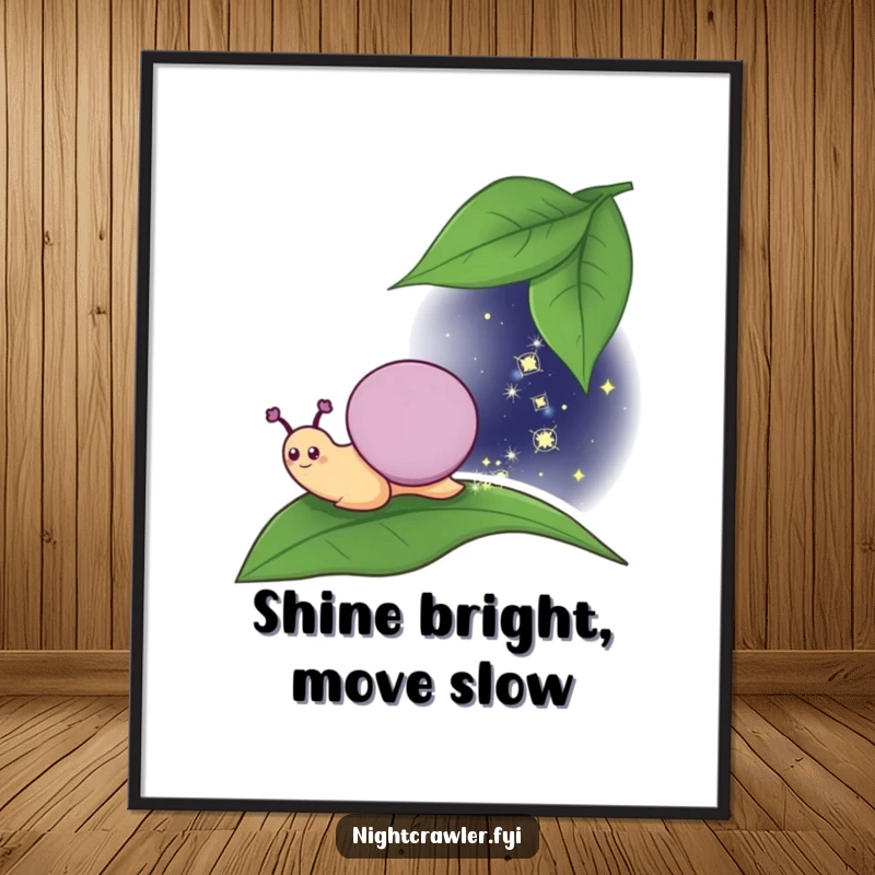 Funny Free Printable Wall Art: Smiling snail leaving a glowing, sparkly trail across a leaf under the night sky.