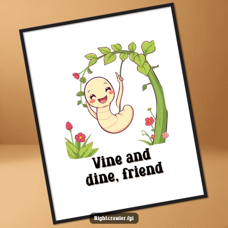Funny free printable wall art depicting a happy worm swinging energetically on a vine in a lush garden scene.