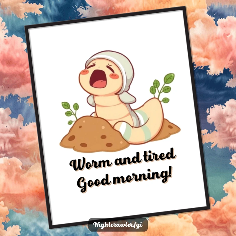 Funny Free Printable Wall Art of a cute earthworm wearing pajamas, yawning widely while peeking from soil, creating a cozy and humorous bedroom decor.