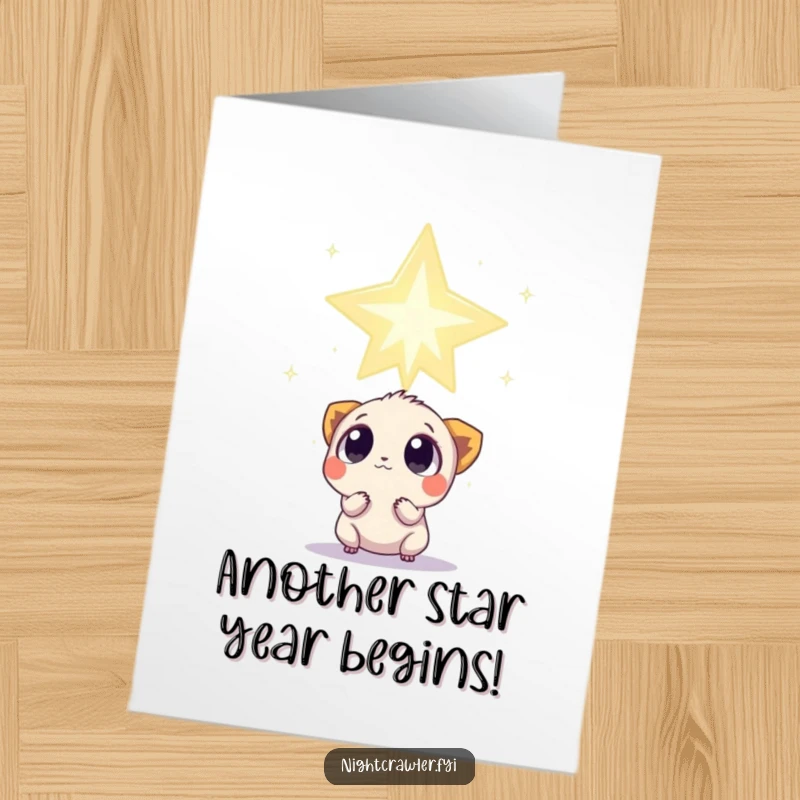 Funny Free Printable Birthday Card: Small creature with curious eyes gazing at a giant twinkling star, a stellar birthday surprise.