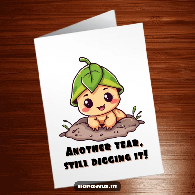 Funny Free Printable Birthday Card: Cheerful night crawler in a leaf cap peeks out from its burrow, ready for birthday wishes.