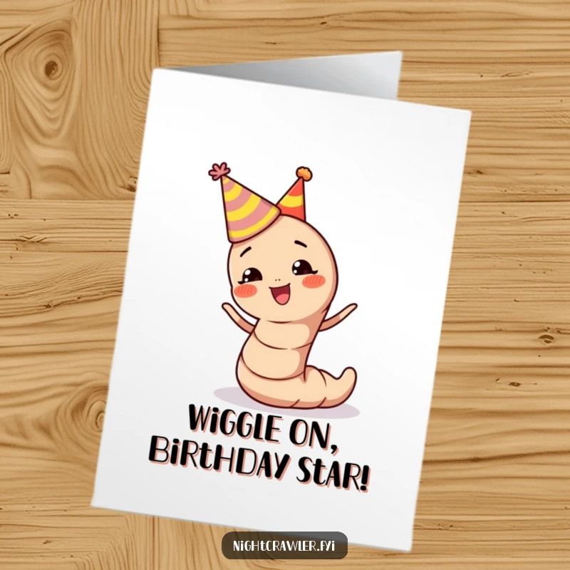 Funny Free Printable Birthday Card featuring a cute earthworm in a party hat, wiggling with pure, unadulterated birthday excitement.