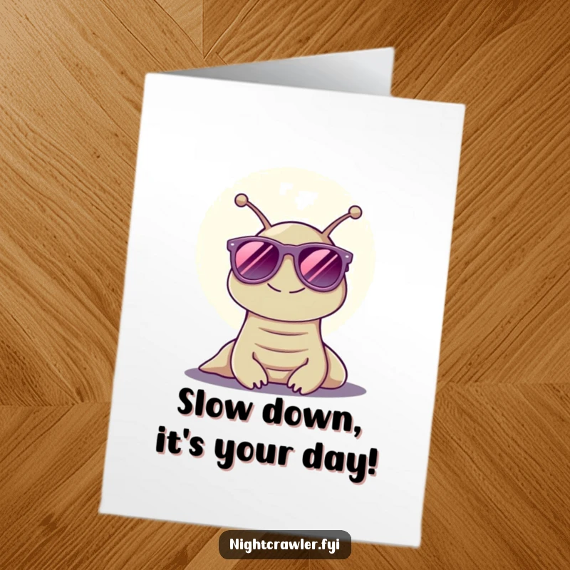 Funny Free Printable Birthday Card of a smiling slug in sunglasses enjoying the moonlight, radiating cool.