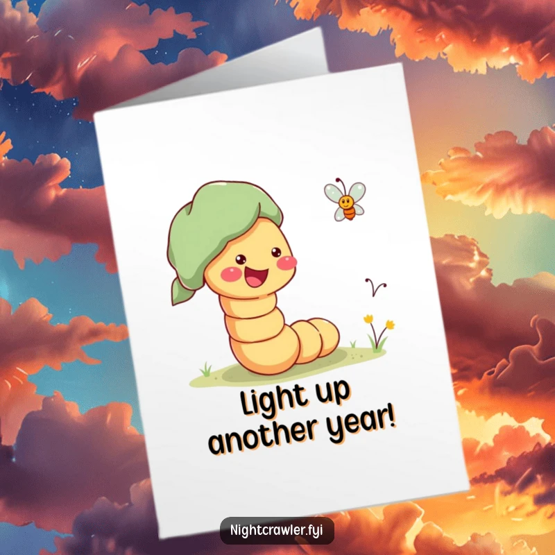 Funny Free Printable Birthday Card with a cheerful worm leading a firefly home, symbolizing guidance and a bright celebration.