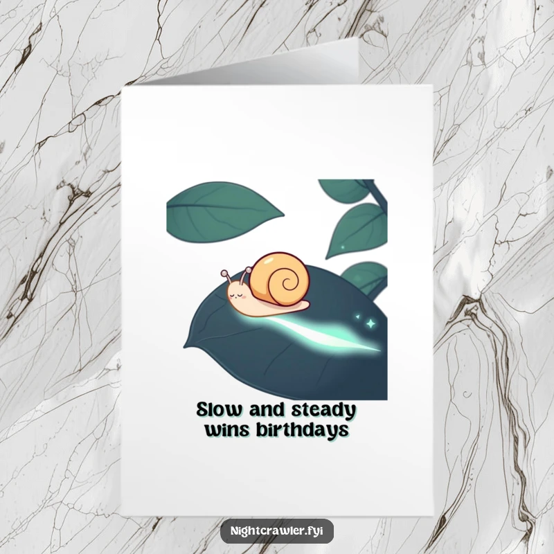 Funny Free Printable Birthday Card: Happy snail leaving a glowing trail on a leaf, celebrating with humor.