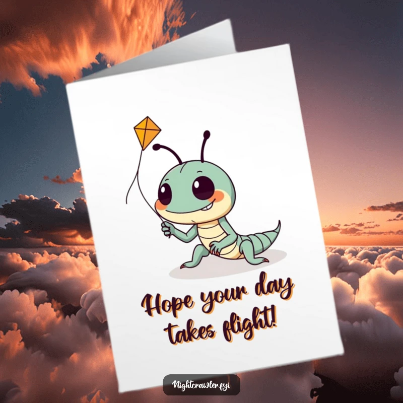 Funny Free Printable Birthday Card: Goofy night crawler with a huge grin struggles to fly a tiny kite in the wind.