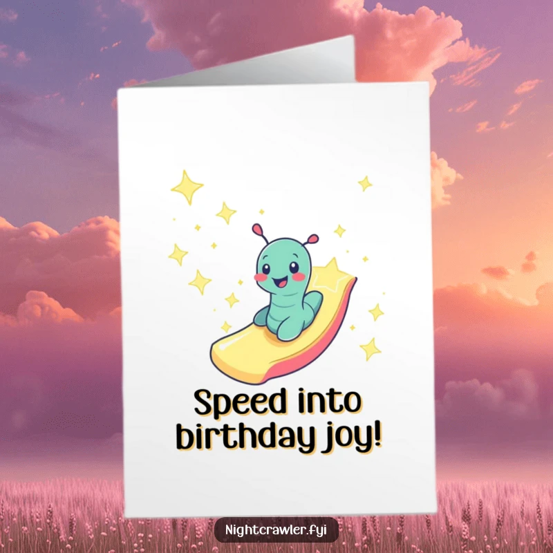 Funny Free Printable Birthday Card: A smiling worm character zooming down a slide made of starlight, celebrating a dazzling birthday.