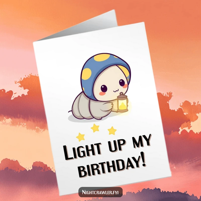 Funny free printable birthday card, night crawler character holding a lantern leading a glowing star path.