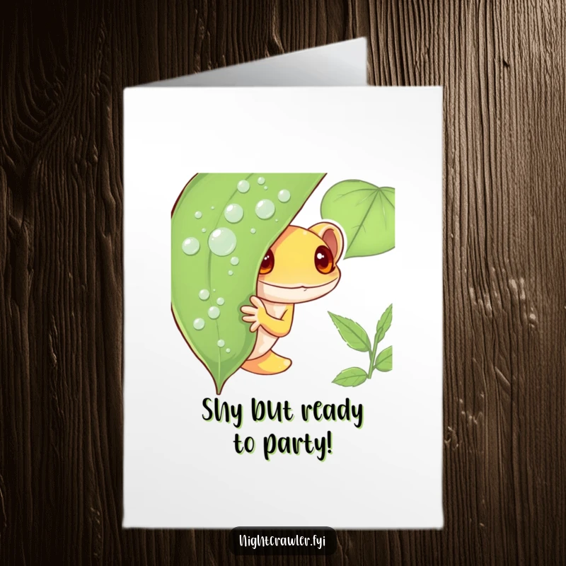 Funny Free Printable Birthday Card: Shy gecko peeking from leaf, adorable, perfect for a quiet greeting.