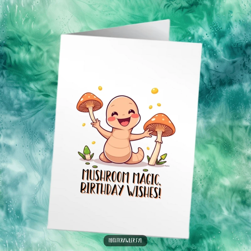 Funny Free Printable Birthday Card: Earthworm enthusiastically juggling bioluminescent mushrooms, spreading joy.